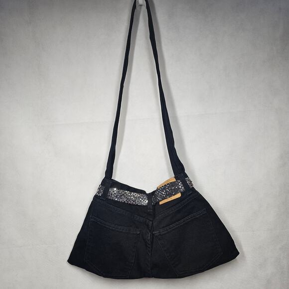 Eddie Bauer Recycled Black Denim Jeans Crossbody Hobo Bohemian Handbag - Picture 7 of 14